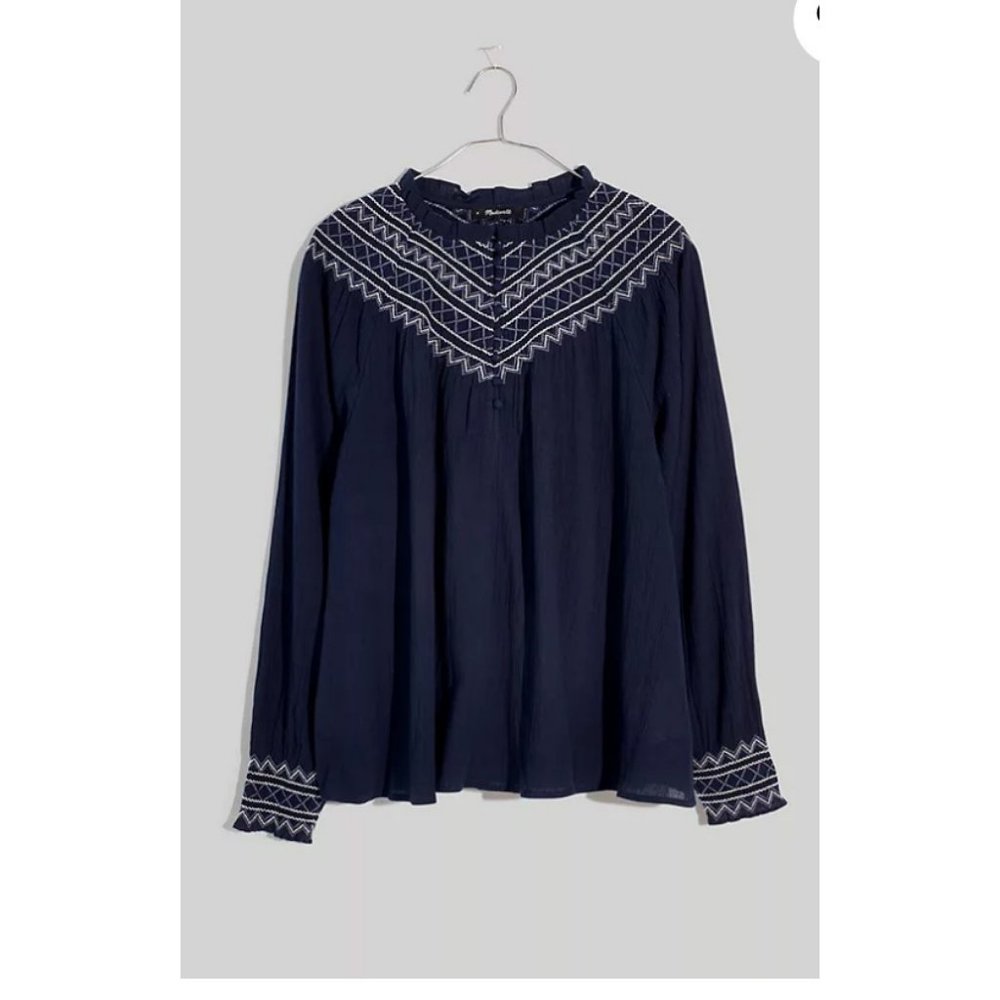 Madewell Womens $98 Embroidered Smockneck Top Navy Size L NH020
